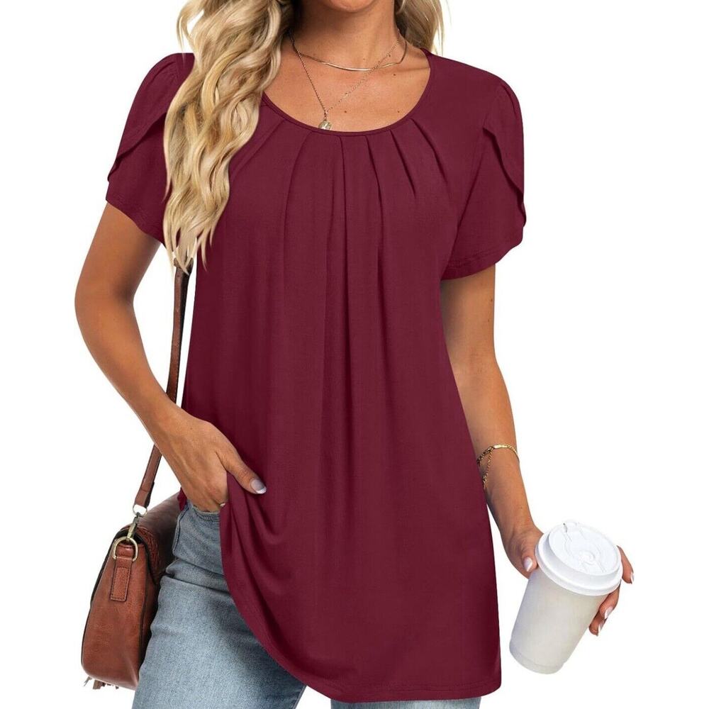 Red Medium Tunic Casual Short Sleeve Blouse Tshirt Round Neck Tops loose fit